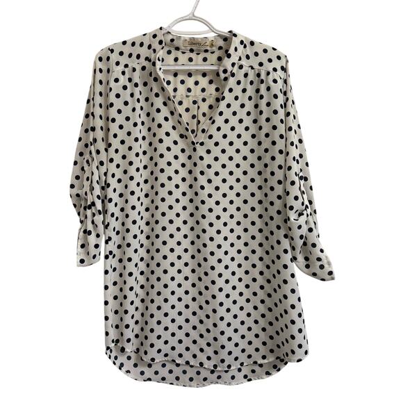 Liberty Love Blouse Women Size Large White Blue Polka Dots 3/4 Sleeve pullover - Picture 1 of 5